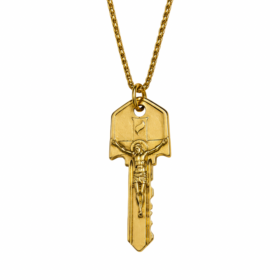Christ is The Key Crucifix Key Necklace (Gold Tone)
